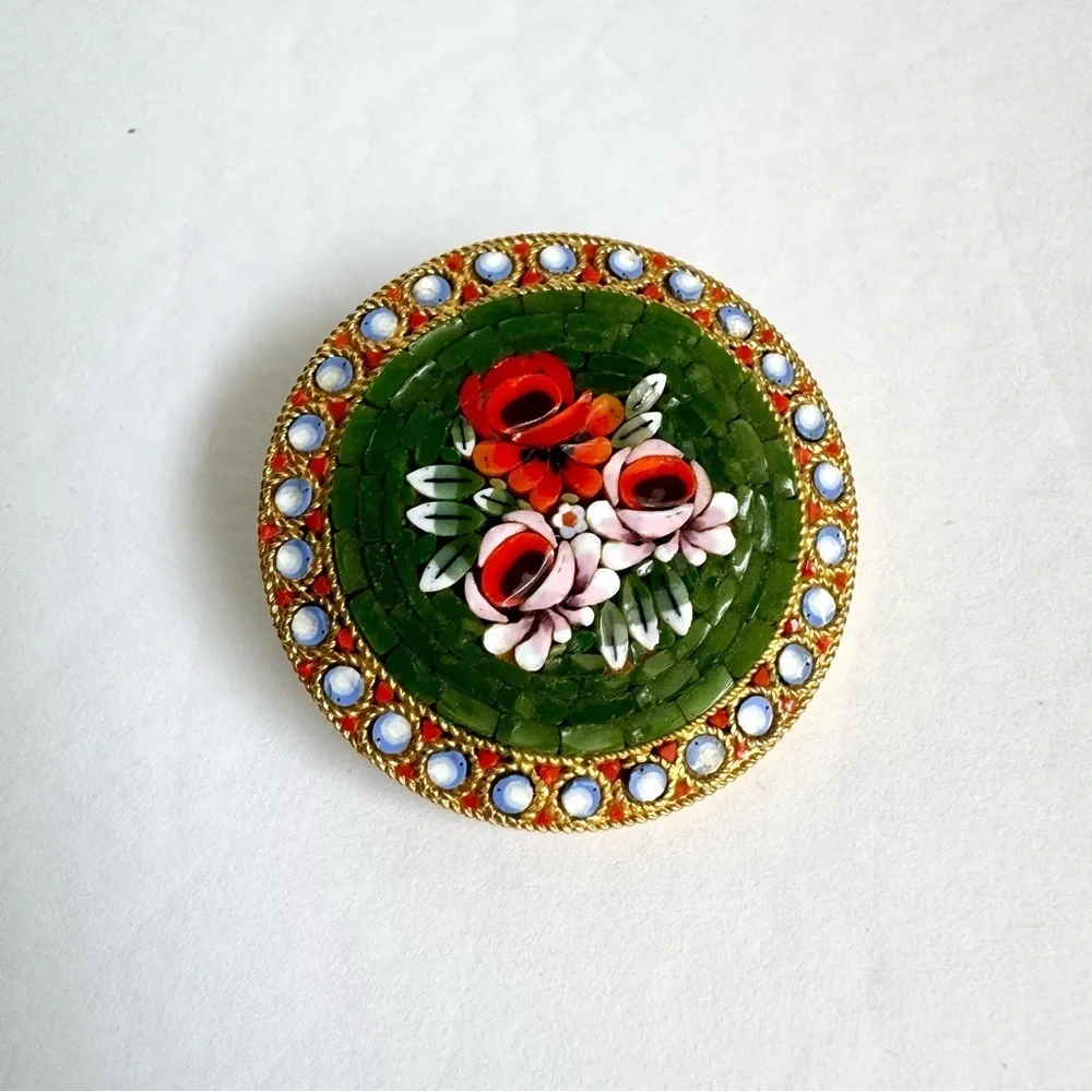 Vintage Micro Mosaic Brooch Green Rose Pin Signed Italy Italian Florentine - Picture 2 of 10